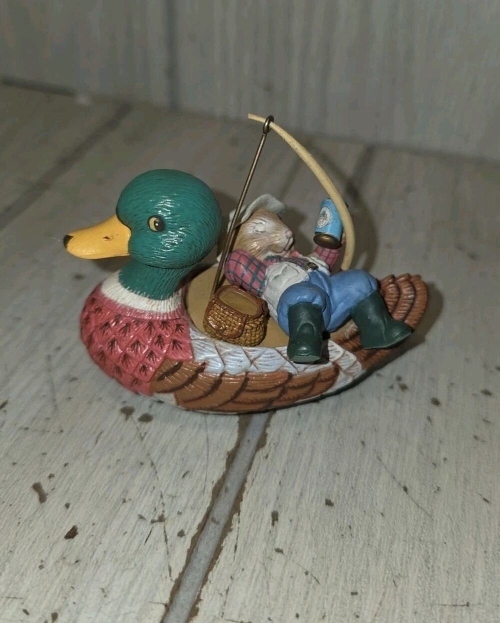 Vtg 1998 Enesco Mallard Duck Fishing Mouse Christmas Ornament Holiday Festive